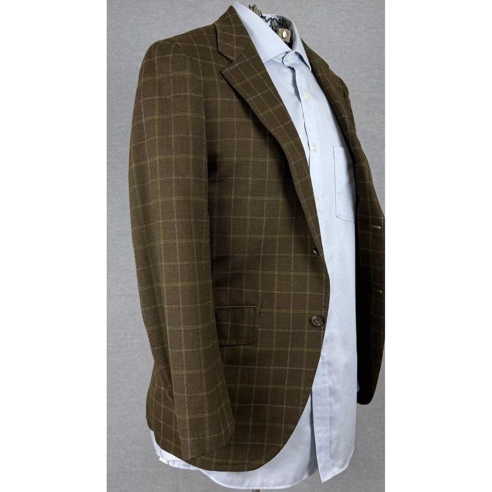 Vintage 60s Bespoke Brown Windowpane Check Sport Coat Blazer 36R ACWA Union Tag